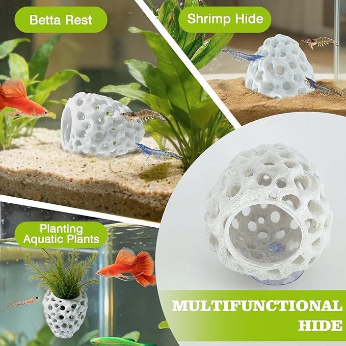 Shrimp Dome Hide, Shrimp Hides for Aquarium, Betta Fish Hideout with Suction Cup, Betta Habitat Tank Ornament Accessories, Aquarium Decor for Small Fish Guppy Hiding Resting (White)