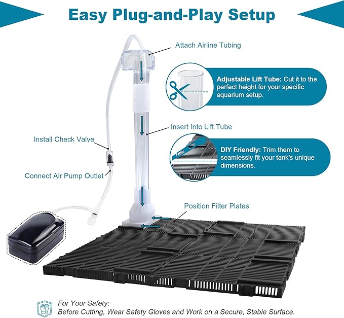 Undergravel Filter System for 10 Gallon Fish Tank, Air-Driven Biofiltration Aquarium Filter Kit with 12 Modular Plates & Adjustable Lift Tube, Cut-to-Fit Under Gravel System for Clear Water