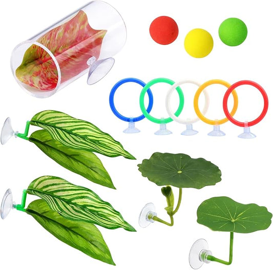 Betta Fish Toys, 13 Piece Betta Toys Set with Five Resting Leaves and Three Floating Balls, Colorful Hoops in Blue Green Yellow White Red, Enrichment Activities for Betta Fish