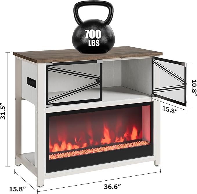 40-50 Gallon Fish Tank Stand with 20-Color LED Flames, No Heat, Metal Frame Structure Aquarium Stand, Glass Doors Storage Cabinet Holds Up to 700 LBS, Fit for Turtle Tank, Reptile Tank (White+Brown)