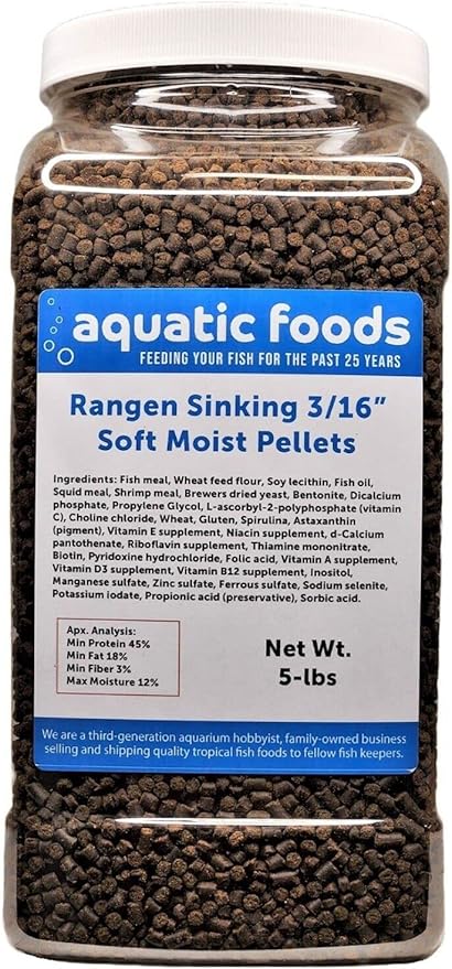 3/16" Soft Moist Sinking Salmon Pellets for Adult Axolotls, Shrimp, Snails, Crabs, Small Amphibians, Bottom Tropical Fish...5-lb Lg Jar