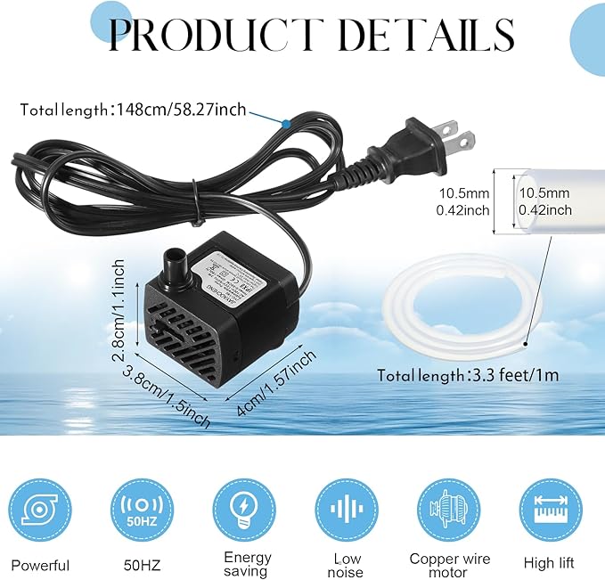 Lounsweer 12 Set Mini Fountain Pump 50 GPH 3W Small Submersible Water Pump with 3.3 ft Tube Electric Quiet Aquarium aspirator for Fish Tank, Pond, Pool, Aquariums, Pet Fountain Hydroponics