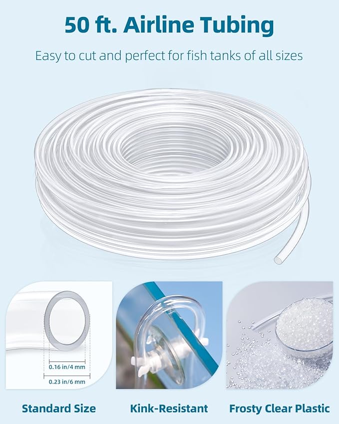 Pawfly Aquarium Tubing, 50 Feet Fish Tank Airline Tubing, Aquarium Air Pump Accessories Kit with Air Stones, Check Valves, Suction Cups, Air Control Valves and Connectors
