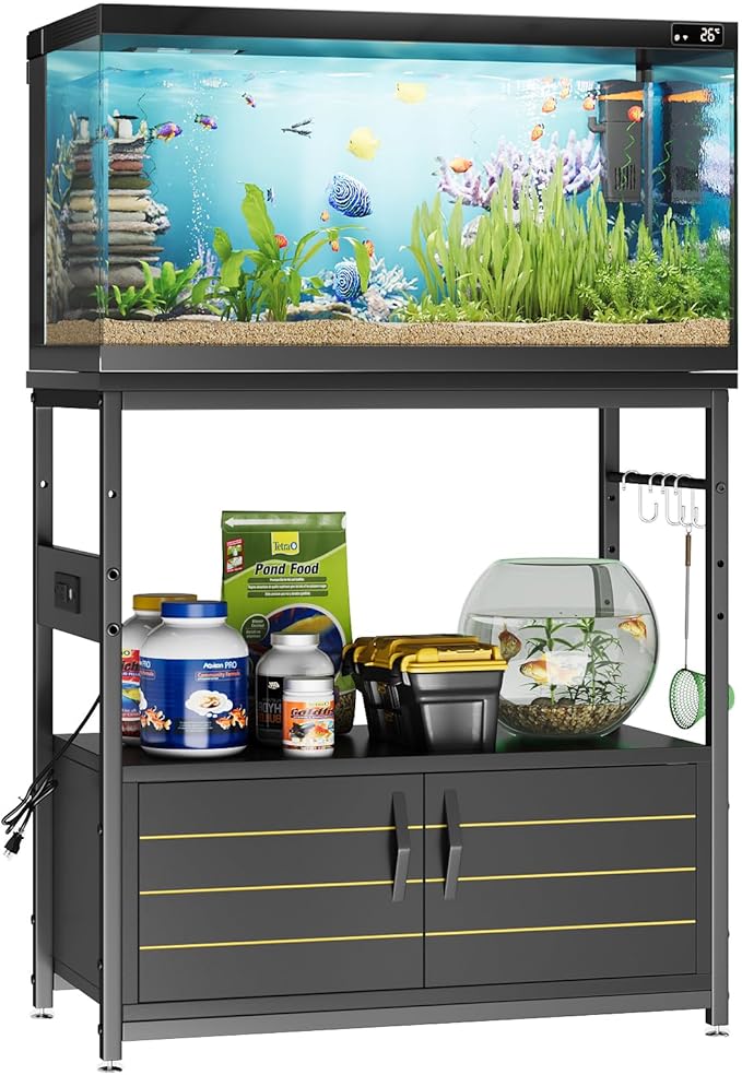 Bestier 20-29 Gallon Fish Tank Stand with Power Outlets, Metal Long Aquarium Stand with Storage Cabinet, 31x15 Reptile Terrarium Stand with Horizontal Gold Line, Stainless Hooks, 350 Lbs(Black)