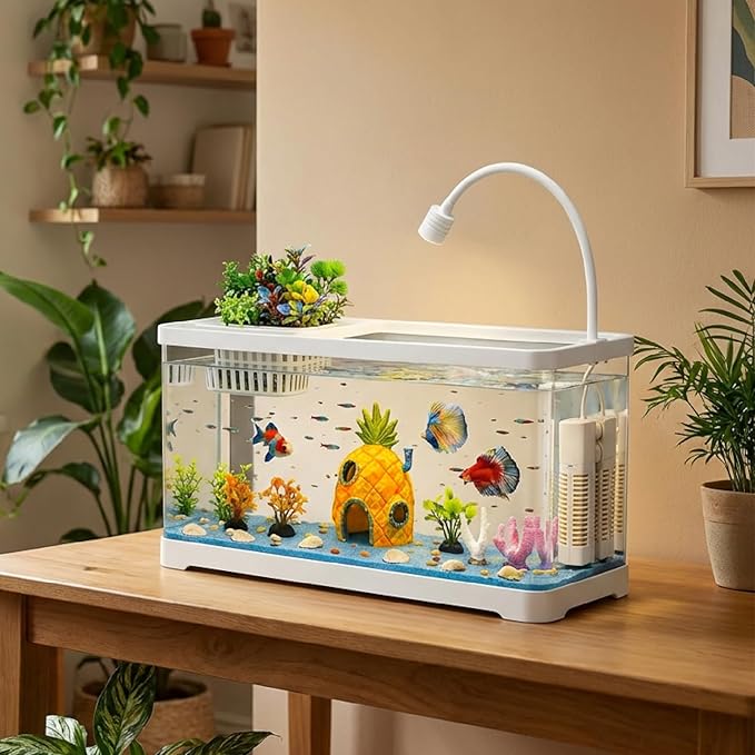 5 Gallon Fish Tank Aquarium Starter Kit with Filter and Light, All in One Small Fish Tank for Betta, Kids & Desktop Use, Self Cleaning Nano Aquarium with Lid(Large White)
