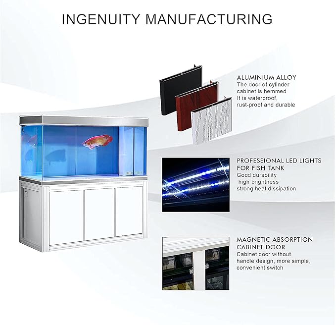 175 Gallon Glass Aquarium with Aluminum Cabinet - Including Sump for Filtration and Circulation, Plumbing, LED, White