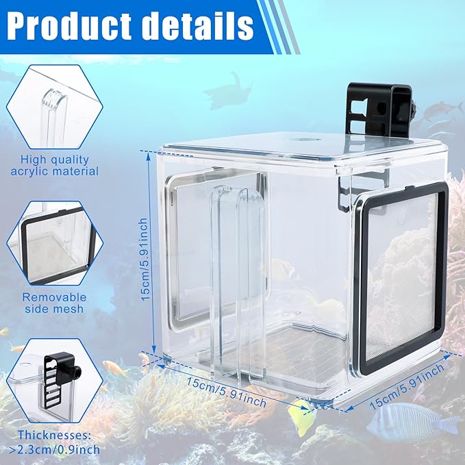 Fish Breeding Box 15x15x15 cm Acrylic Fish Isolation Hatchery Tank Fish Separator Hanging Fish Incubator Box with Detachable Mesh Lid Clear Fish Isolation Box for Baby Fish Newborn Fish Shrimp