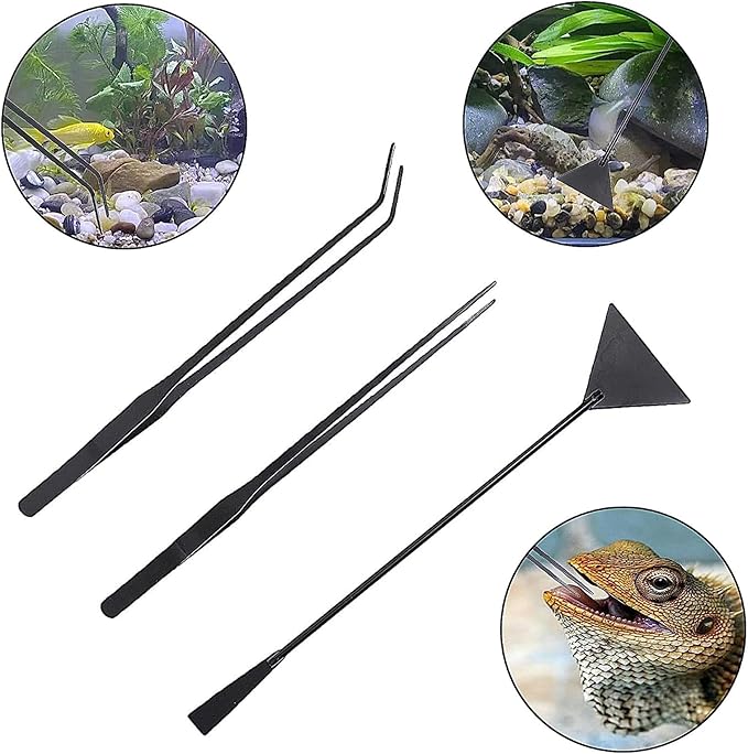 3Pcs Aquascaping Tools Kit, Long Stainless Steel Aquatic Plant Tweezers, Scrapers, Long Handle Feeder Tools for Fish Aquariums, Reptiles Snakes Lizard Gecko Spider and Bird (Black)
