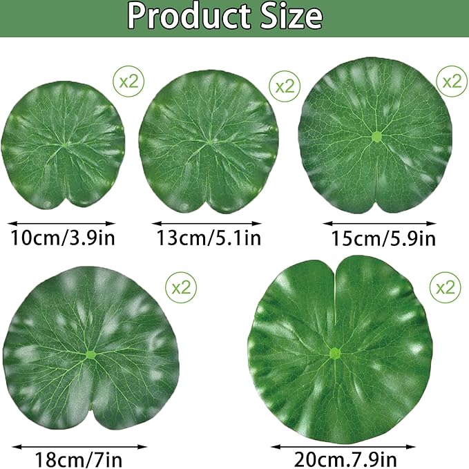10 Pcs Pond Plants, 5 Size Artificial Lotus Leaves, Realistic Floating Foam Water Lily Pads Ornaments, Plastic Fake Foliage Pond Decor for Patio Koi Fish Pond Pool Aquarium