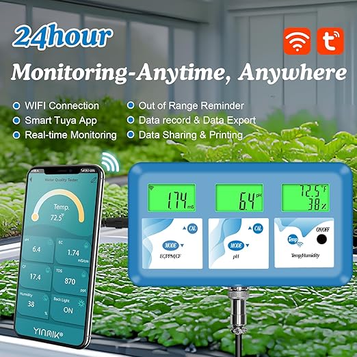 Hydroponic ppm pH Monitor, WiFi 6 in 1 pH EC Meter for Hydroponics Growing System,Continuous Monitoring pH PPM EC CF Humidity Temp of DWC Grow System Water Reservoir Tank Aeroponic Garden Aquarium