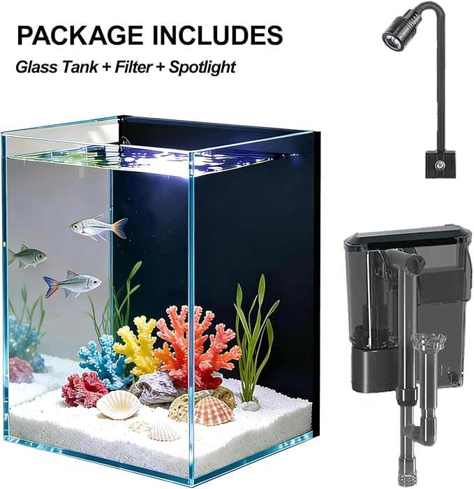 Betta Fish Tank kit,Small Nano Glass Fish Tank Start Kit with Filter,LED Light for Shrimp,Small Fish,Betta (1.5 Gallon)