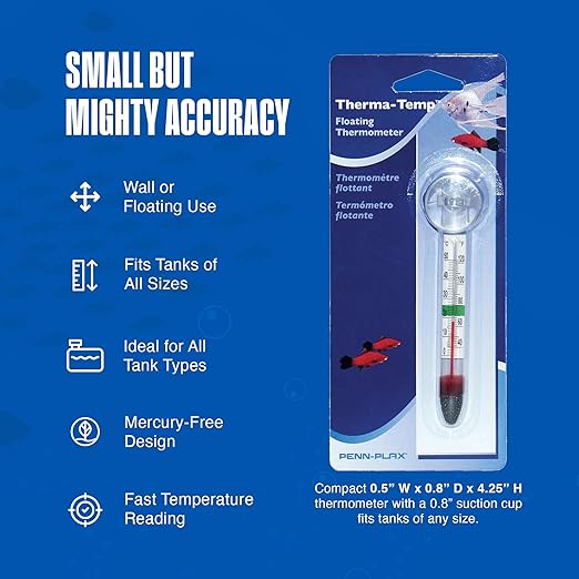 Penn-Plax Therma-Temp Floating Aquarium Thermometer - Easy to Read - Temperature Gauge with Optional Suction Cup & Removable Mount - Safe for Freshwater & Saltwater Tanks - Multicolor, 4.25 Inches