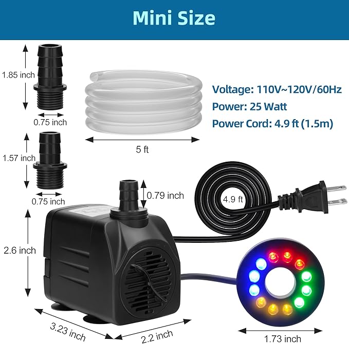 DaToo Mini Submersible Fountain Water Pump With LED Light 400GPH 25W Small Ultra Quiet Water Pump With Tubing For Aquarium Fish Tank Outdoor Pond Water Feature Fountain Statuary