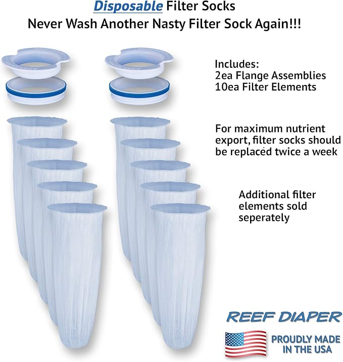 Disposable Filter Socks, Replaces Standard 4" Felt Socks, Freshwater and Saltwater Compatible, Starter Kit Includes 2ea Flange Assemblies & 10ea Filter Elements