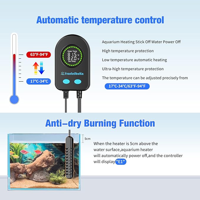 100W Submersible Fish Tank Heater for 10-20 Gallon with Auto Shut-Off When Leaving Water—Aquarium Heater, Dry-Burn & Overheat Protection, Smart LED Display for Betta Freshwater Saltwater