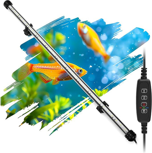 LED Submersible Aquarium Light 12W Underwater Fish Tank Light with Blue White&Blue and White Three Light Modes Timer Automatic On/Off and Dimmer Brightness Adjustable (22.8inch)