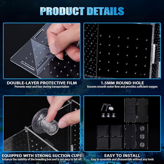 Fish Breeding Box, Acrylic Isolation Box Aquarium Hatchery Incubator with Suction Cups for Newborn Fry, Shrimp, Guppy, Clownfish, Aggressive Fish, 11.5" x 6" x 6"