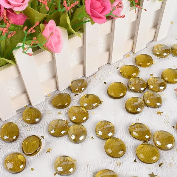 Flat Glass Marbles 1lb, 100PCS Yellow Flat Gems Glass Beads for Vase Filler Garden Aquarium Tank Pebbles Table Floral Decoration