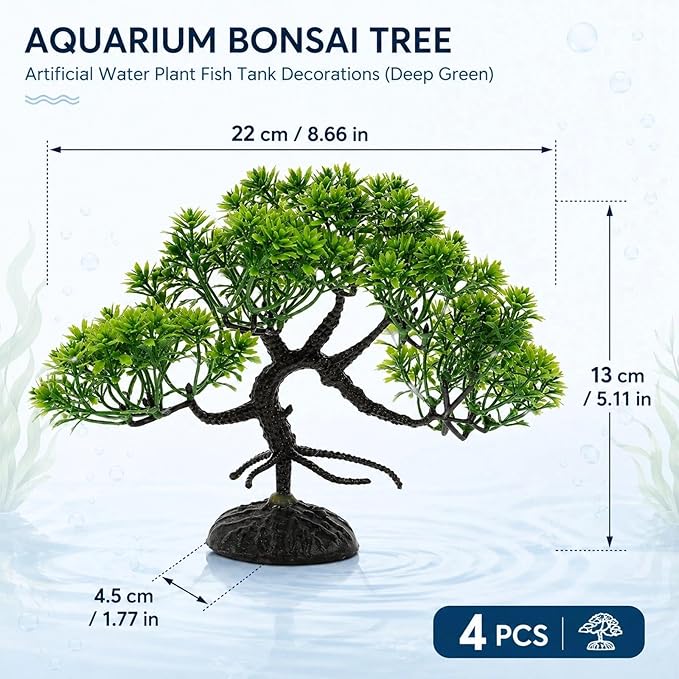 LOGOFUN 4 Pcs Aquarium Bonsai Tree Artificial Water Plant Fish Tank Decorations (Deep Green)