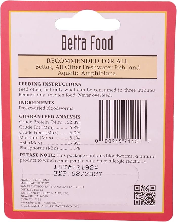 San Francisco Bay Brand All Natural Fish Food & Treat for Betta Fish - Freeze-Dried Bloodworms - Never Clouds Water - High Protein Tropical Fish Food for Betta, Freshwater Fish - 0.04 oz (1g)