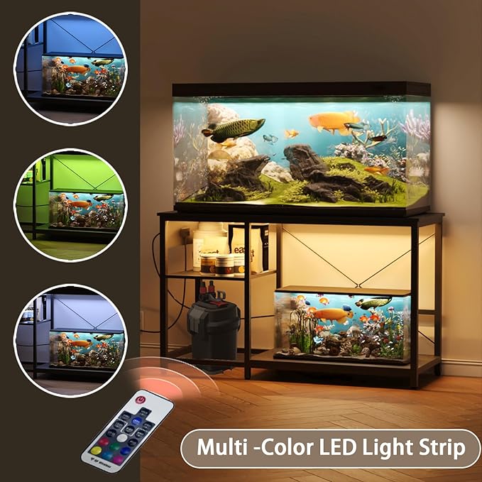 Beuruku 55-75 Gallon Fish Tank Stand with Power Outlet & LED Light, Metal Aquarium Stand with 3 Tier Adjustable Storage Shelves, for Reptile & Turtle Tank, 52" L*19.5" W, Black
