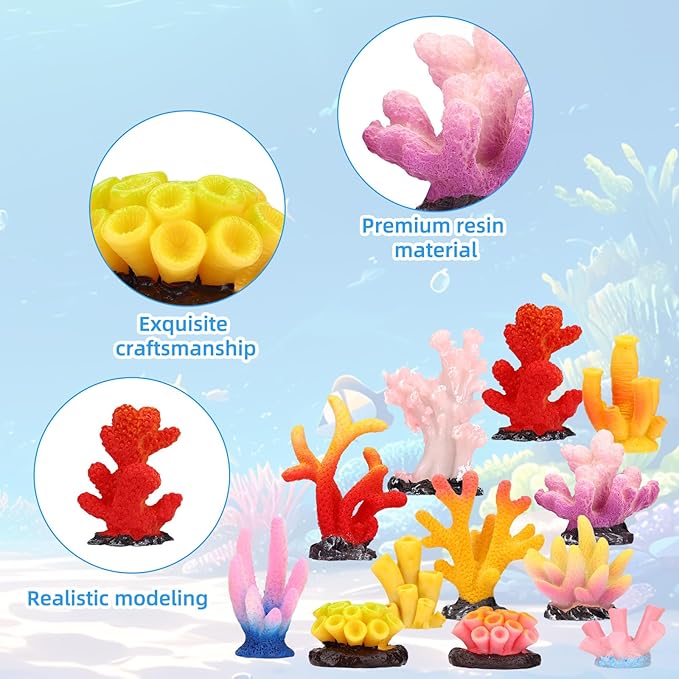 24pcs Mini Fake Resin Coral Reef, Miniature Resin Coral Figurines 12 Styles Colored Small Artificial Plants for Fish Tank Garden Flower Pot Bonsai Tiny Micro Landscape Decors Faux Coastal Beach Ocean
