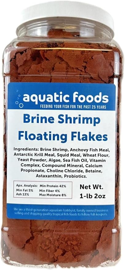 Brine Shrimp Flakes for Freshwater Cichlids, Angels, Live Bearers, Tetras, Guppies, Marine Tangs, Butterflies, Angelfish, Anthias, Clown Fish...WL 1-lb 2oz Lg Jar