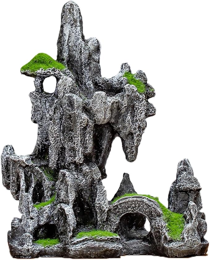 Aquarium Mountain View Ornaments, Large Fish Tank Rock Landscaping Decorations, Tree Hole Bridge Bridge Aquarium Decoration (6.69x3.54x8.26inch-L)