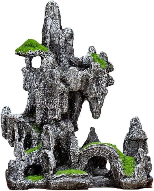 Aquarium Mountain View Ornaments, Large Fish Tank Rock Landscaping Decorations, Tree Hole Bridge Bridge Aquarium Decoration (6.69x3.54x8.26inch-L)