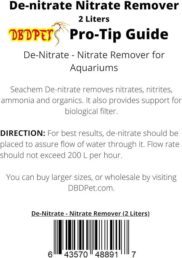 De-Nitrate - Nitrate Remover for Aquariums 2 Liter - Includes Attached DBDPet Pro-Tip Guide