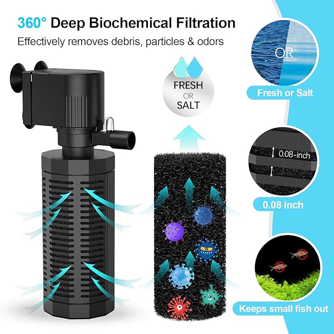 Aquarium Internal Filter for 30~100 Gallons - Ultra-Quiet Fish Tank Filters 400GPH Submersible Power Pump Filter with Biochemical Filtration Air Supply Water Clean (18W Filter)