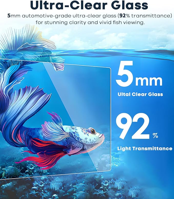 Wonderfactory 5 Gallon Small Aquarium Set Glass Fish Tank 6 Gallon, Starter Kit with Heater Water Pump Cleaning System Filter Bright Light Rocks Gravel Cleaning Tool, Clear Rimless Betta Plants