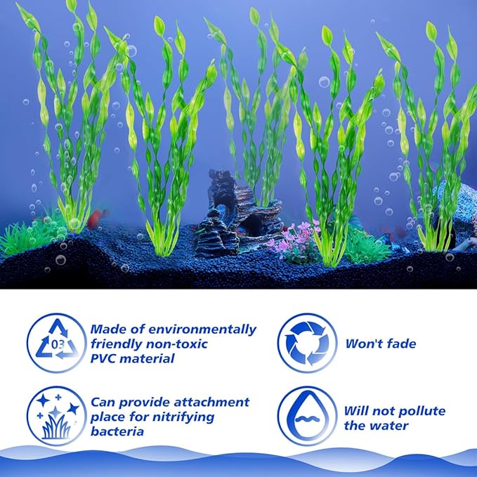Ameliade 12 PCS Aquarium Artificial Seaweed Decorations 12 Inch Tall Plastic Plants Decor Large Fish Tank Accessories