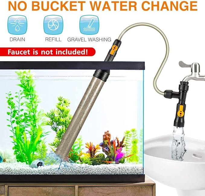 hygger Bucket-Free Aquarium Water Change Kit Fish Tank Siphon Gravel Vacuum Cleaner with Long Hose Water Changer Maintenance Tool 25-FEET Plastic Fitting