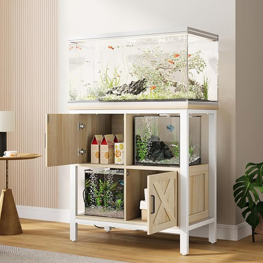 20-29 Gallon Fish Tank Stand with Power Outlet, Farmhouse Aquarium Stand with 2 Cabinets, 20 Gallon Fish Stand with 4 Adjustable Legs, 16.5" L*30.7" W Tabletop (White)