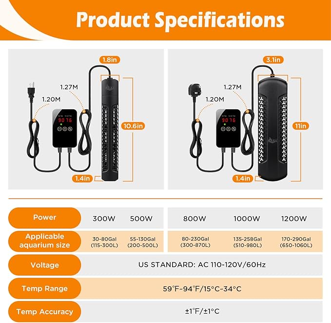 AQQA Aquarium Heater 800W for 80-230 Gallon Fish Tank Quartz Glass Submersible Betta Fish Heater with Overheat & Dry-Run Protection Temp Range 59-94℉ for Freshwater and Reef Tank (800W for 80-230Gal)