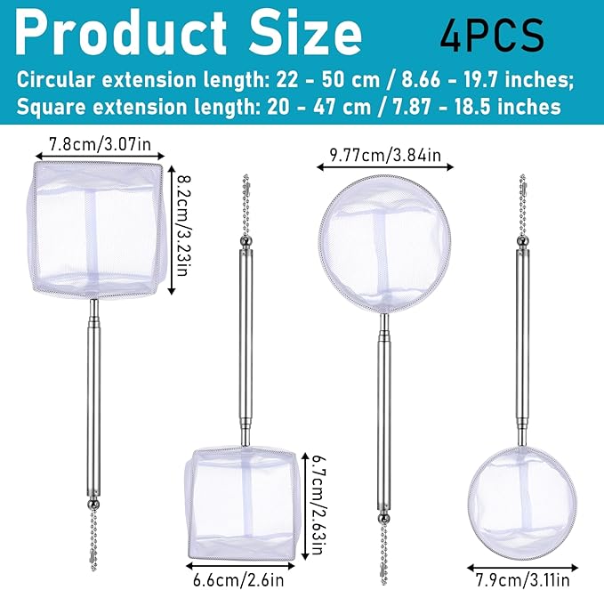 4 PCS Fish Tank Shrimp Net Extendable Handle, Aquarium Stainless Steel Small Fishing Net with Adjustable Handle Fishtank Nets Small Nets for ShrimpFish Circle Square Brine ShrimpNet for Aquarium