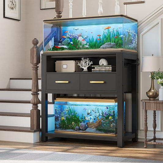 EOSVALO 20-29 Gallon Aquarium Stand with Stable Metal Frame & Power Outlet, Heavy-Duty Fish Tank Stand with Waterproof Mat, 550LBS Capacity Storage Cabinet, Black