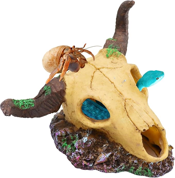 Snake Hideout, Reptile Aquarium Skull Decor, Resin Skeleton Head Fish Hide, Tank Terrarium Aquarium Accessories, Reptile Hides and Caves for Fish Bearded Dragon Salamander Ball Python Leopard Gecko