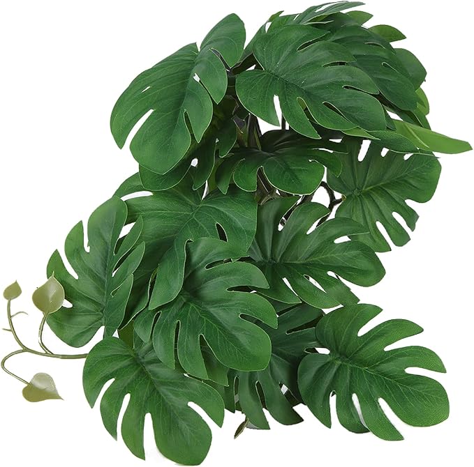 2PCS Artificial Water Plant,Simulation Vine,Lifelike Plastic Leaves Decoration with Suction Cup,Plastic Plant Aquatic Water Grass Decor for Fish Tank (Monstera Deliciosa Leaf)