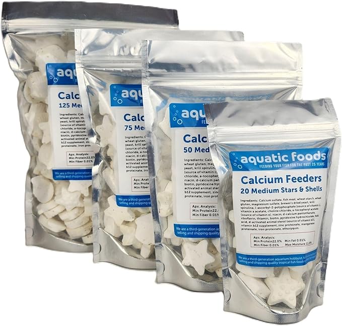 Medium Size Calcium Feeder Stars & Shells for Shrimp, Snails, Crabs, Crayfish, Hermit Crabs and All Tropical Fish…125 Count Bag