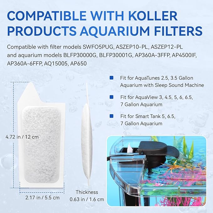 Small Filter Cartridges Compatible with Koller Products Aquarium Internal Power Filters 2.5 to 7 Gallon, Small Fish Tank Replacement Filter Carbon Cartridges for Clean Aquarium Water, 6 Pack