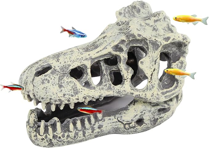 WishLotus Skull Aquarium Hides Decor, Resin Dinosaur Fish Hideout for Little Shrimp Betta Goldfish and Reptiles (Dinosaur Head)