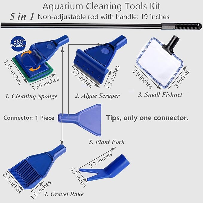 Aquarium Cleaning Tools Kit 5 in 1 Function for Long Deep Fish Tank, Including Algae Scrape, Cleaning Sponge, 3.9" Small Fishnet, Gravel Rake, Plant Fork