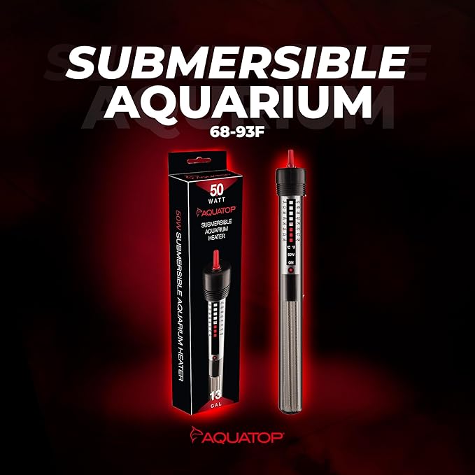 Aquatop 50W Aquarium Submersible Glass Heater – Adjustable Temperature 68-93°F – Fish Tanks Up to 13 Gal – for Freshwater & Saltwater Use – GH-50