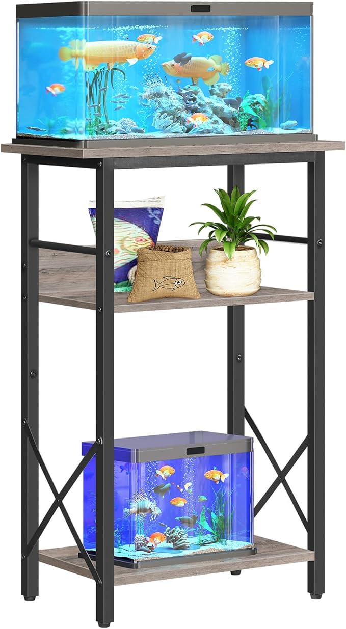 HOOBRO 10 Gallon Aquarium Stand, 3-Tier Fish Tank Stand with Storage, Reptile Turtle Tank Stand with Metal Frame, 20.5" L x 11" W , Greige BG52FT01