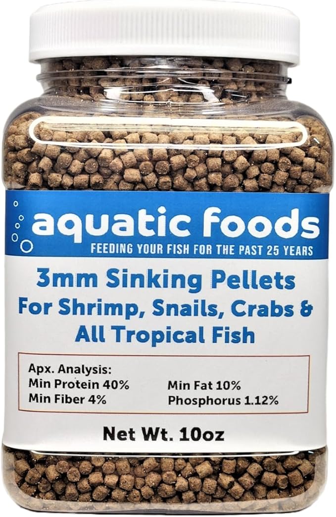40% Protein 3mm Sinking Pellets for Axolotl, Shrimp, Snails, Crabs, Catfish, Plecos for All Tropical Fish. Pellets by Zeigler..10oz Small Jar