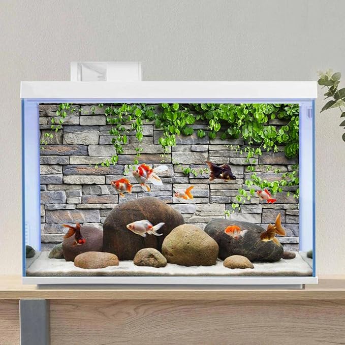 AWERT Vinyl 48x18 inches Stone Brick Wall Aquarium Background Rock Fish Tank Background Spring Leaves Terrarium Background