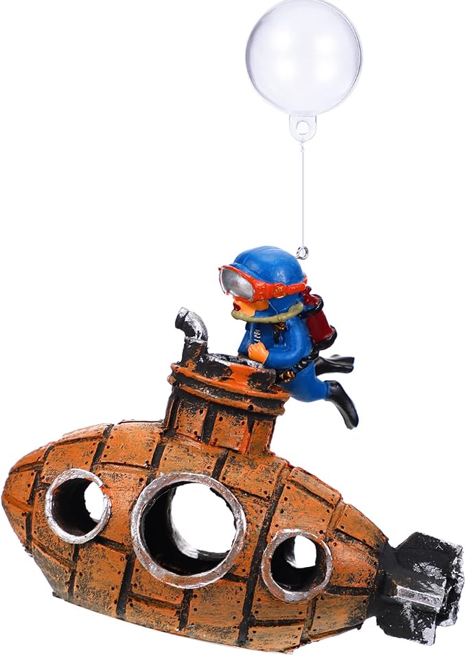 Christmas Aquarium Decorations Floating Fish Tank Air Pump Decorations Include Hanging Lovely Diver for Aquarium and Retro Old Submarine Wreck Ornament Artificial Resin Accessories for Fish Tanks Pool