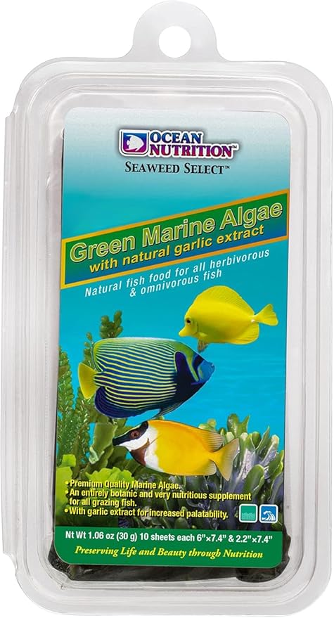 Ocean Nutrition Seaweed Select Green Marine Algae - Nutritious Fish Food for Herbivorous Marine Fish, Live Fish & Invertebrates - Natural Seaweed Sheets with Garlic Extract - 10 Sheets, 1 oz (30g)